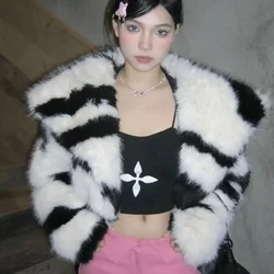 2024 Winter Women Fur Coat Zebra Large Lapeljacket Eco-friendly Fur Jacket Short Top Clothing