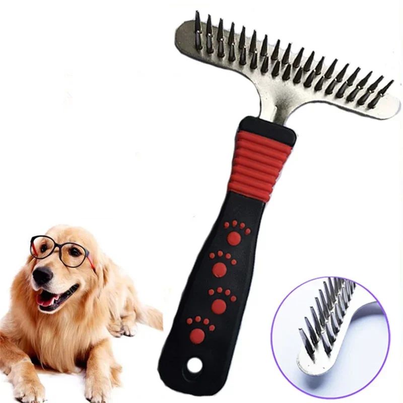 Long Tooth Undercoat Dog Rake Anti-Slip Rubber Handle Pet Grooming Rake Slicker Tool Heavy and Duty Steel Comb