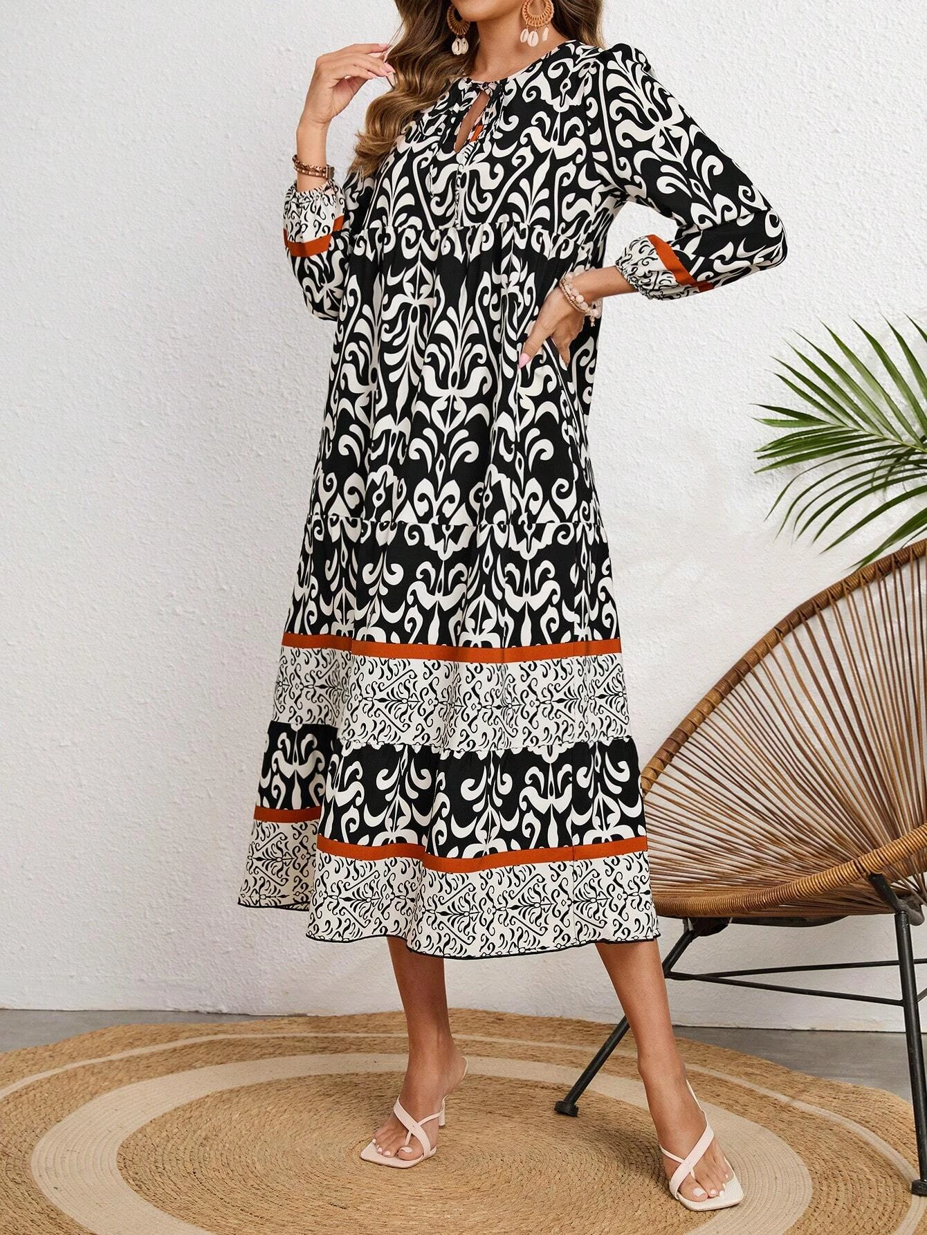 فستان نسائي بأكمام فانوس مطبوع للخريف والشتاء #5