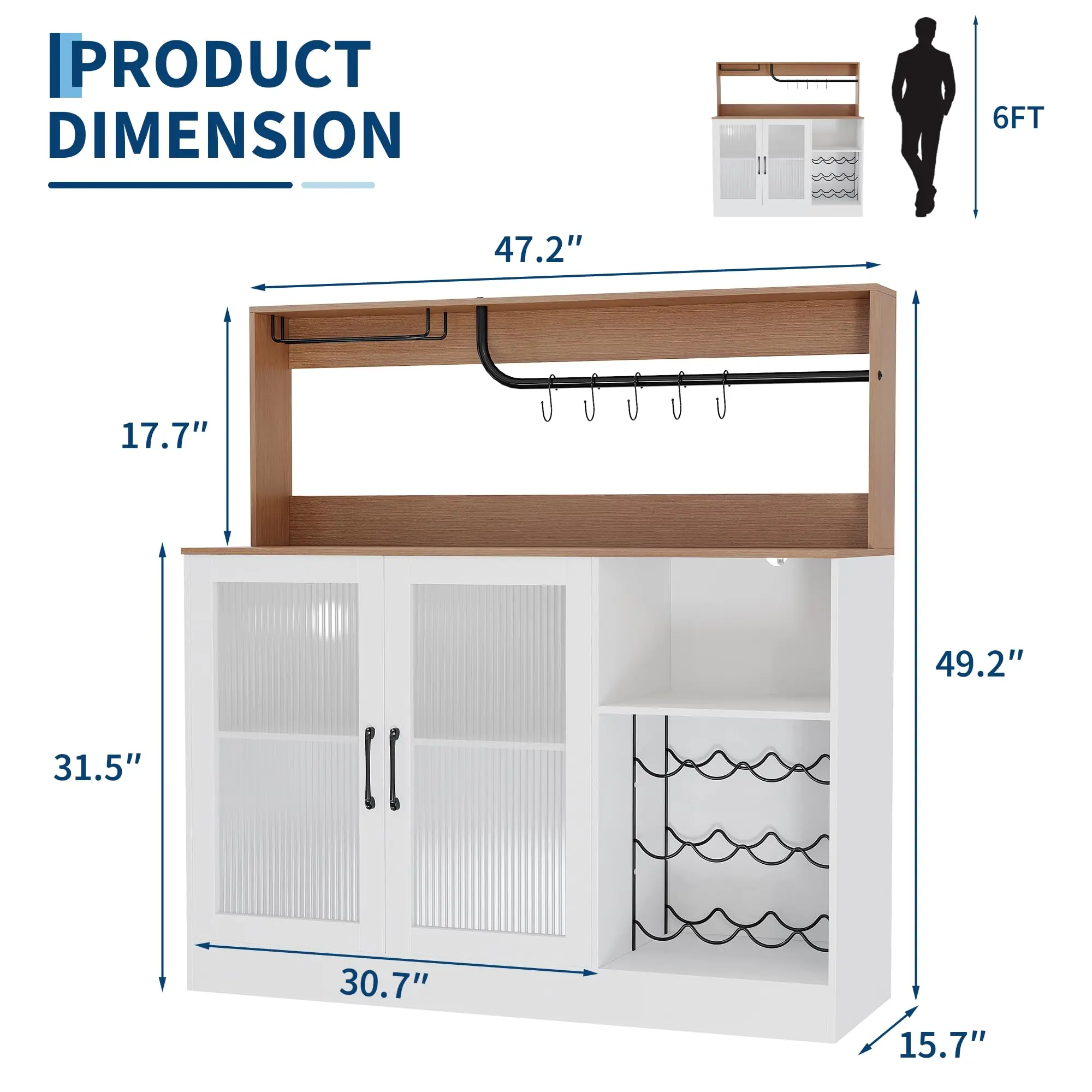Wine Bar Cabinet With LED Lights, Glass Holder, Wine Rack, Fluted Acrylic Door, Coffee Bar Storage With Upper Display Shelf Unit