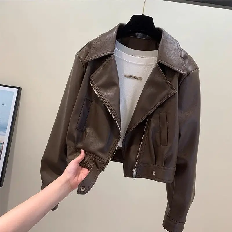 Short For Women, Spring And Autumn Fashion, Jacket, Elegant Turn-Down Collar, Petite PU Leather Slimming Versatile Jacket