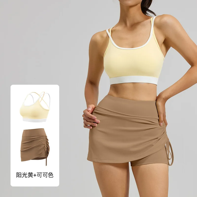 Color Block Ruched Yoga Set Women High Impact Shockproof Running Anti Exposure Gym Workout Outfit