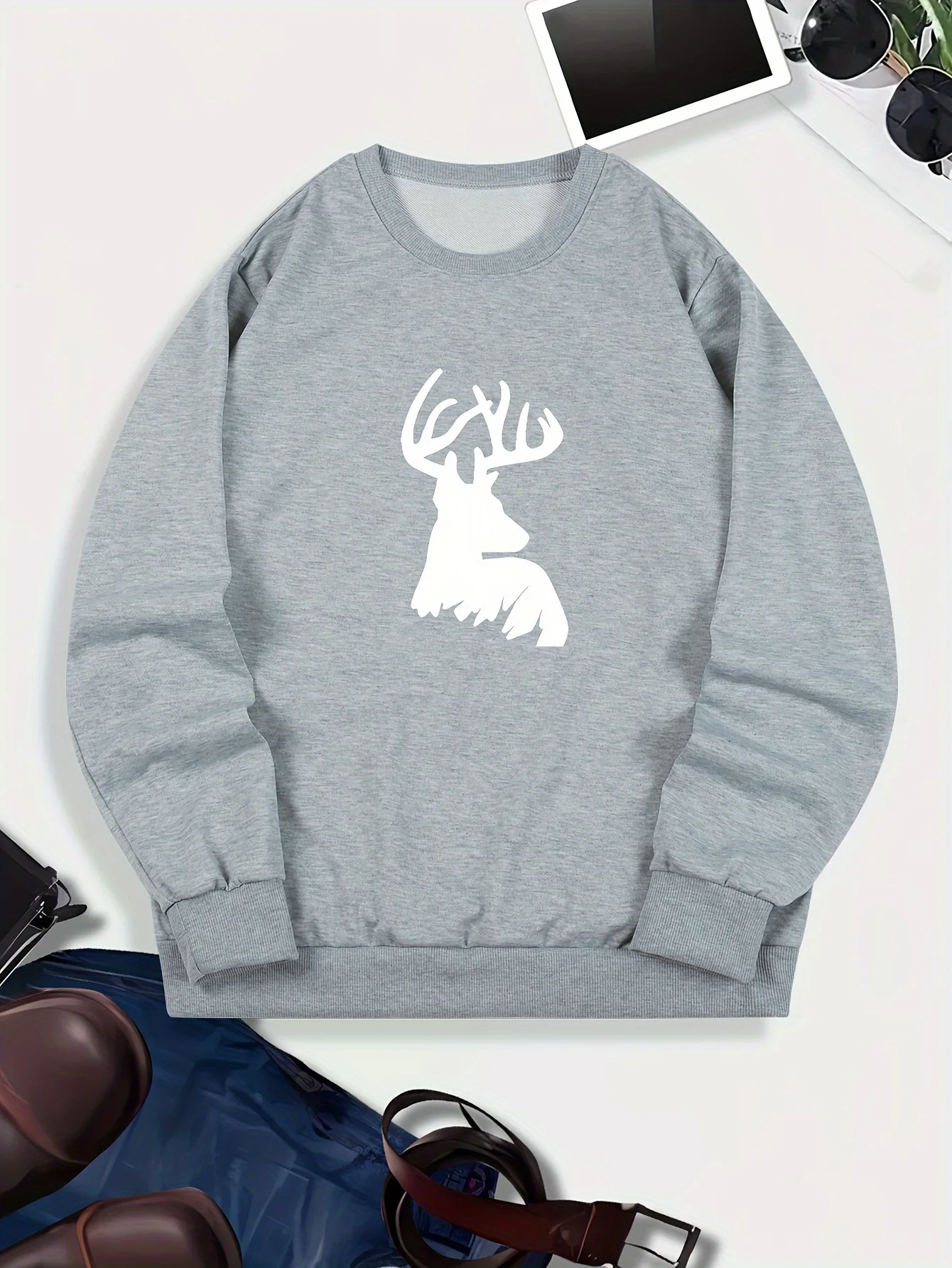 Men'S Deer Print Crew Neck Sweatshirt, Casual Loose Fit Long Sleeve Top, 100% Polyester Knit Fabric, Slight Stretch