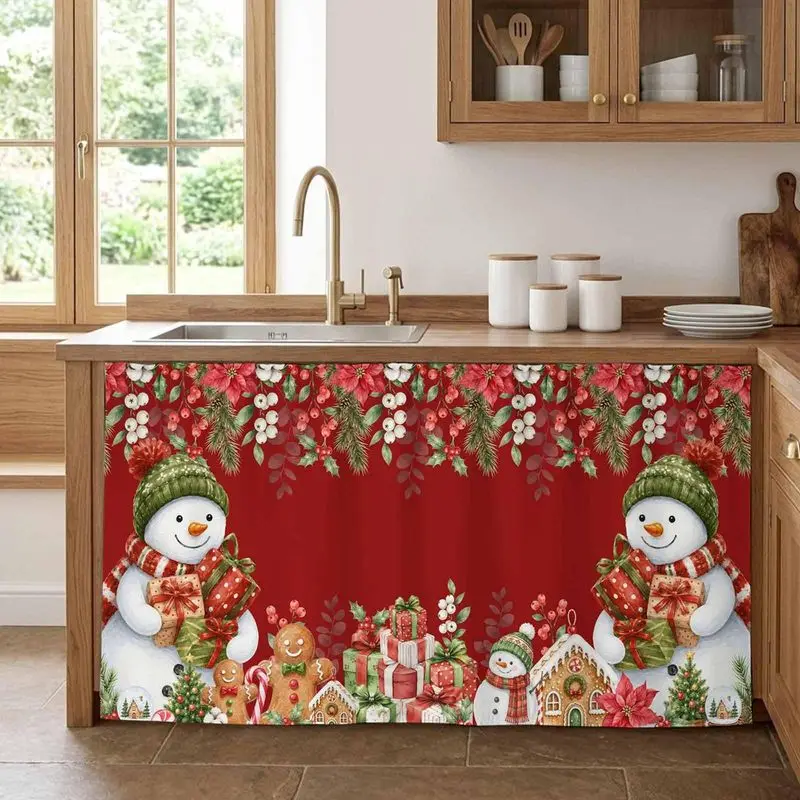 VIKAMA Cabinet Curtain Christmas Gingerbread Print Dresser Curtain for Kitchen Sink Shelf Home Holiday