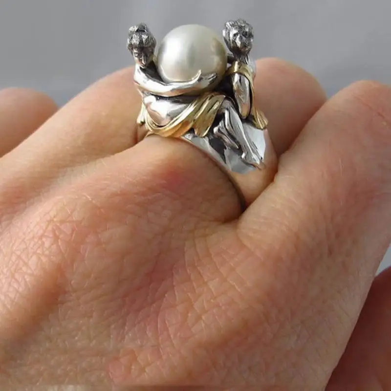 HOYON Original 925 Sterling Silver Color French Romantic Elegant lady Holding Faux Pearl Ring for Women Jewelry Free Shipping