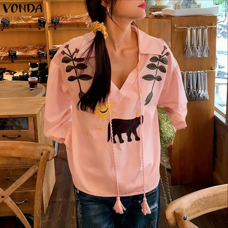 

Элегантная блузка VONDA с цветочным принтом, женская, сексуальная, с V-образным вырезом, повседневная туника, модная модель 2026 года, с длинным рукавом, для офиса и улицы, женская одежда, блузы