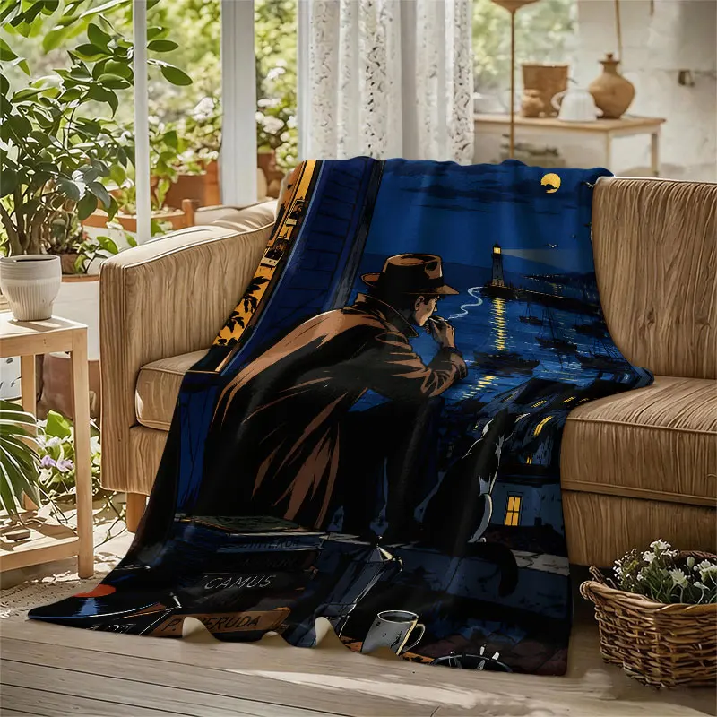 Noir Man Cat Harbor Night Flannel Blanket Perfect for Sofa Office Bed Travel Sleep Read Relax Camping Four Season Use
