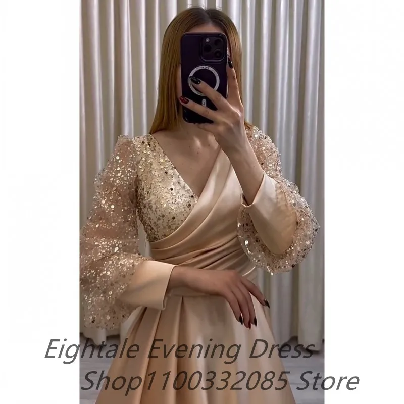 Champagne Customized Plus Size A Line Evening Dress Sparkly Long Sleeves V Neck Sequins Satin Custom Made Formal Prom Party Gown