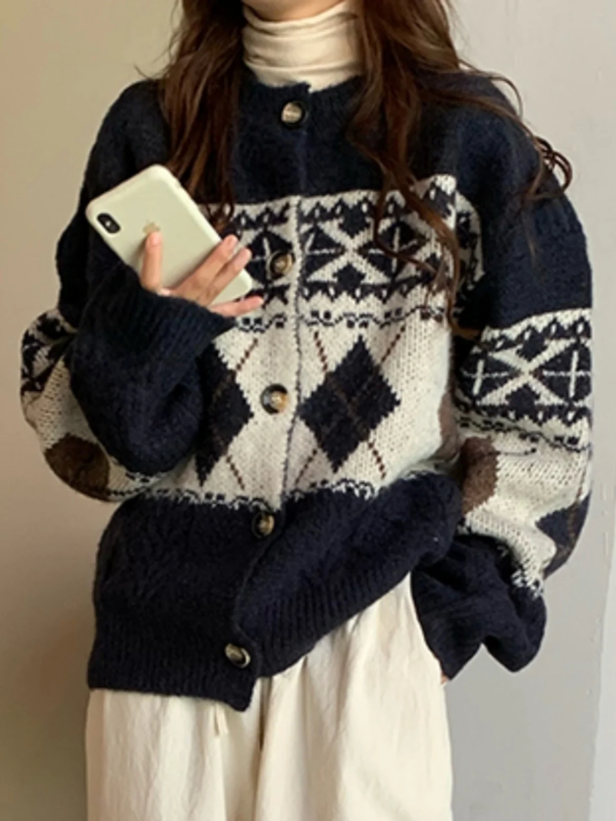 

Loose Women's Geometric Patterned College Girl Sweater Spring Autumn Faionable Open Cardigan Long Sve round Ne Knitwear