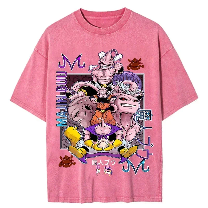 Japanese Anime Dragon Ball Print T Shirt Men Vintage Washed Tshirt Pink Short Sleeve Cotton Tops Tee Harajuku Hip Hop Streetwear