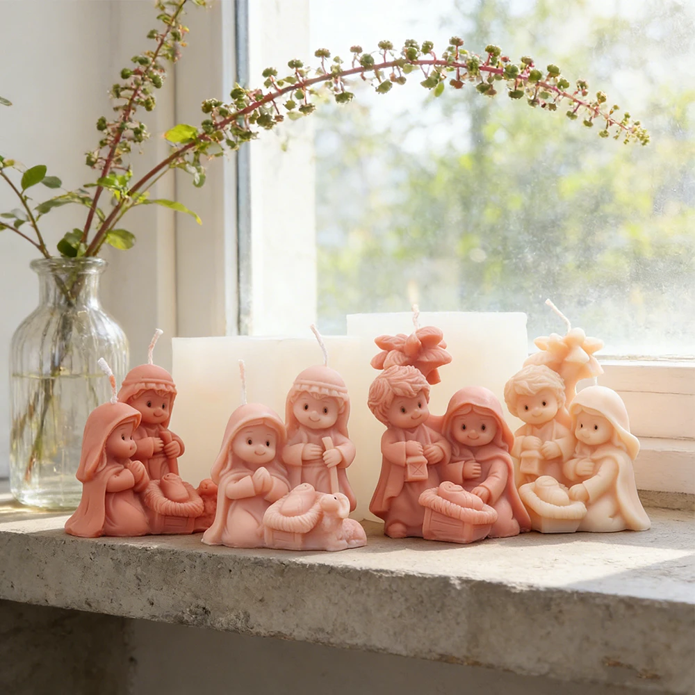 Krippen-Silikonform für Kerzen, 3D Jesus-Familien-Figuren Kerzenherstellungsform, Religiöse Seifen-, Harz-, Gips-Gussform für Dekoration