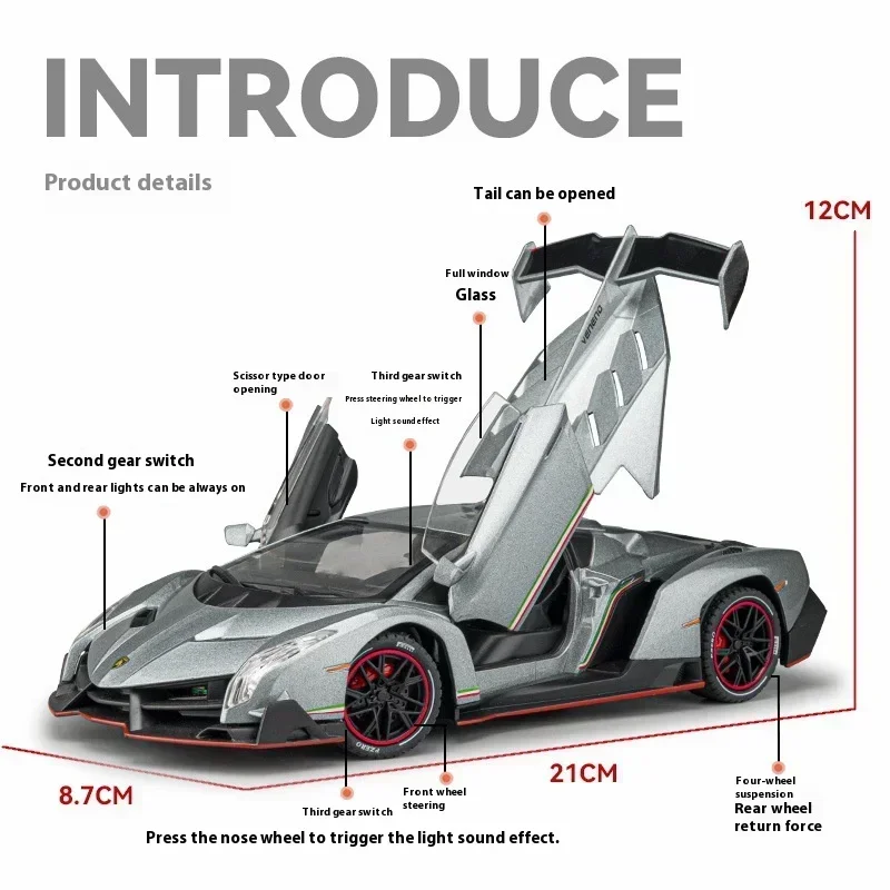 1:24 Lamborghini Poison Veneno Car Alloy Car Diecast Metal Model Sound Light Pull Back Toy Collect Gift Box Ornaments Kids Toys