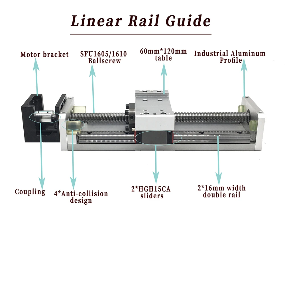 Linear Rail Guide 100~1000mm Stroke SFU1605/1610 Ballscrew 1.2/2/3Nm Nema 23 Stepper Motor Drive Kits 2X15mm Linear Guide HGR15