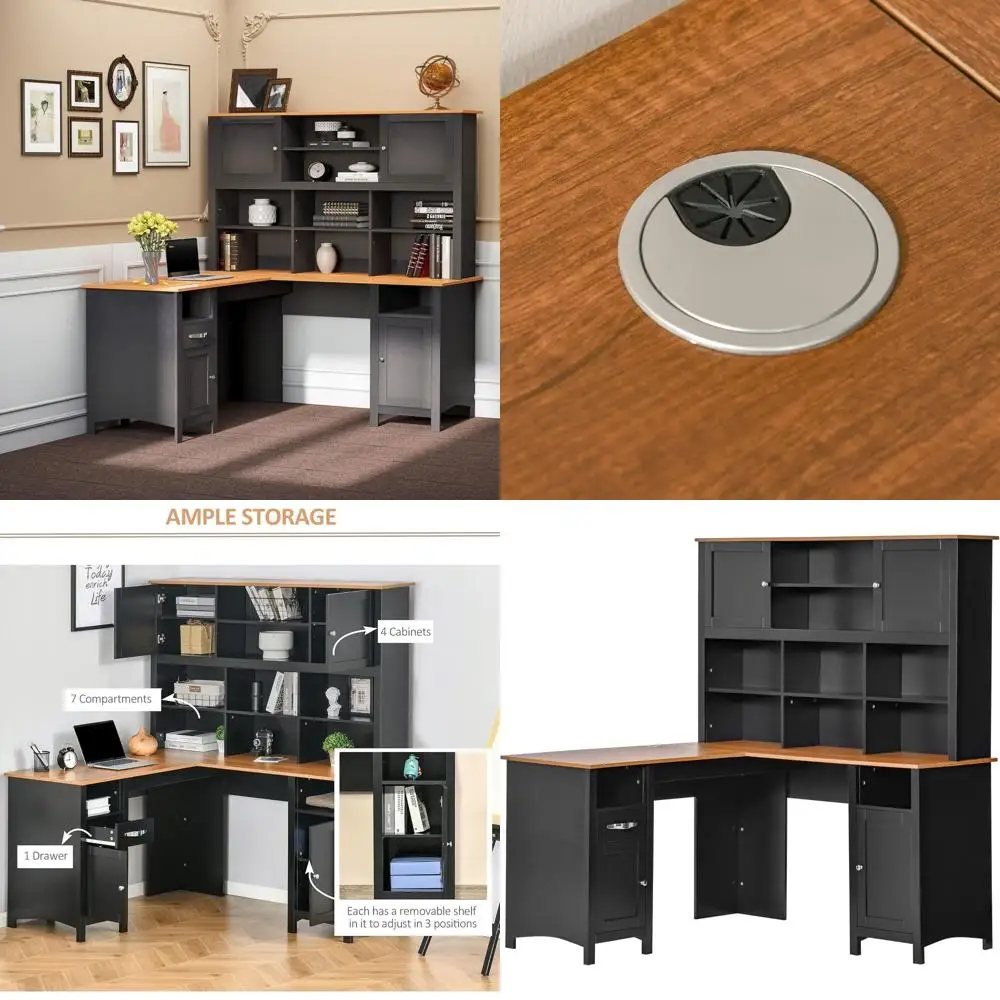 

59 L-Shaped Computer Desk with Storage Hutch, Space-Saving Home Office Desk in Black