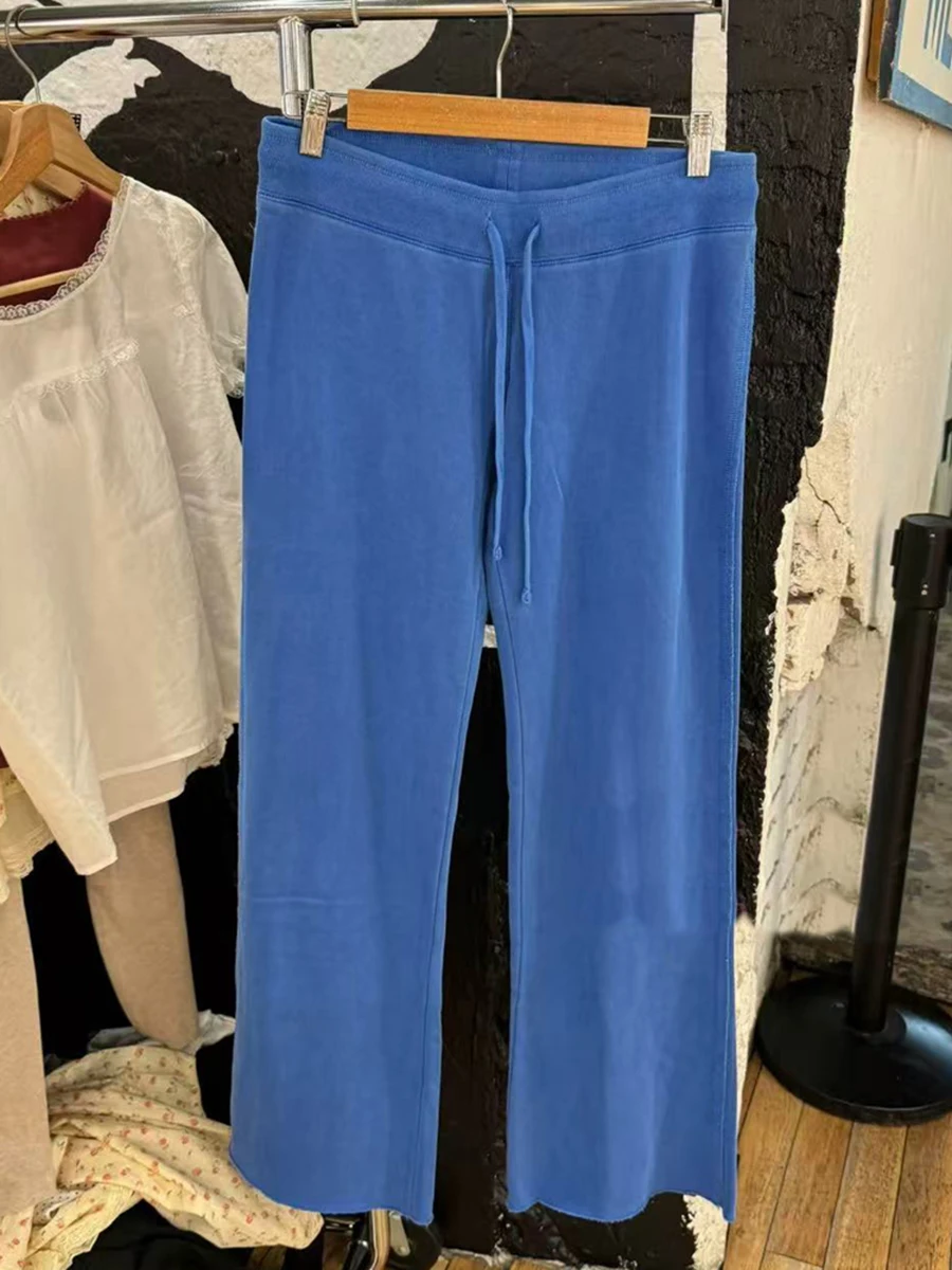 Pantalon de survêtement bleu à ourlet brut avec cordon de serrage pour femme, taille basse, à lacets, jambes larges, Style Preppy, Vintage, décontracté, Sport, automne