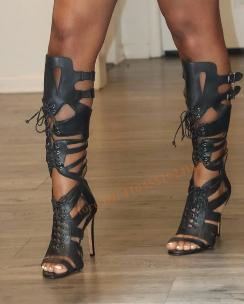 

Gladiator Knee Length Cut Out Lace Up Boots Intricate Cross Straps Stiletto Heeled Women Leather Summer Long Sandals Boots