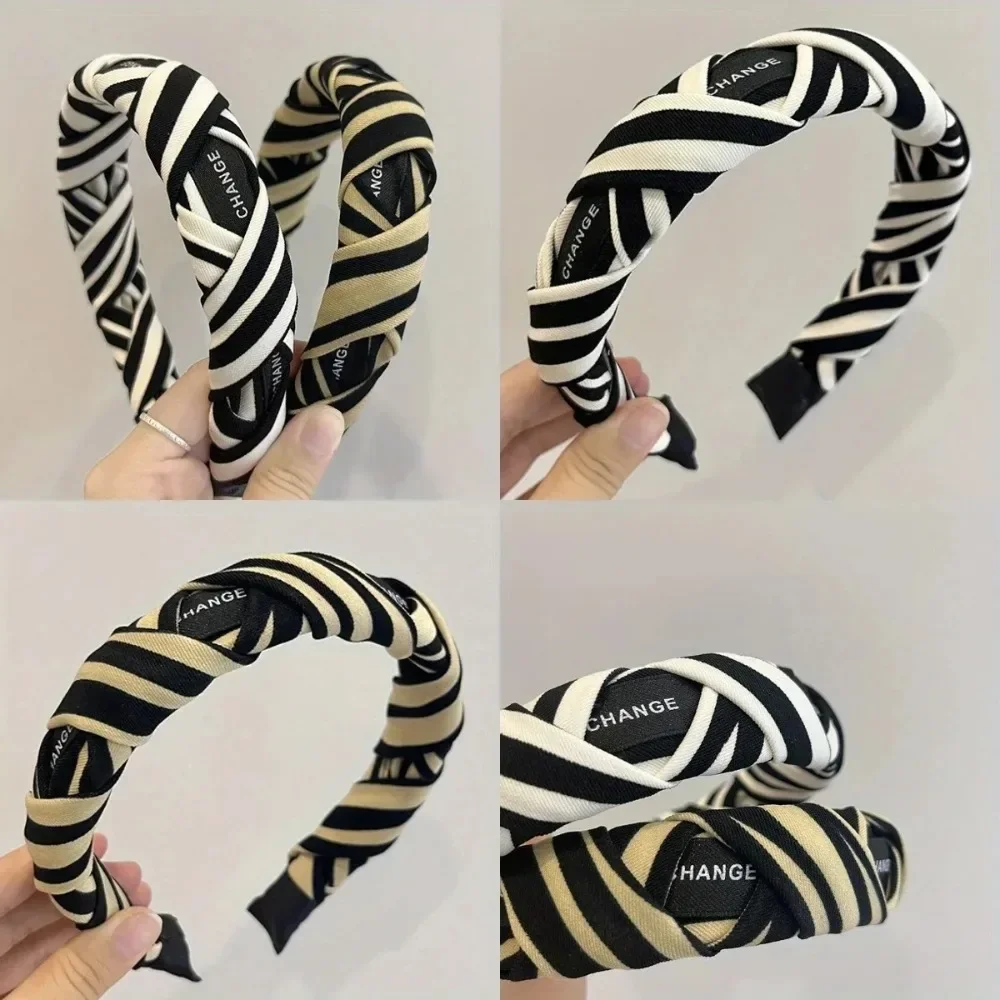 

High Crown Striped Headband Black White Letter Design for Women Office Commute Luxury Hair Accessory