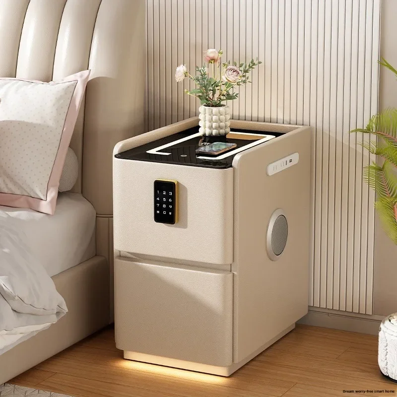 Smart Multifunction Nightstand Leather Bedside Cabinet Power Strip Wireless Charging Password Lock No Installation Bedside Table
