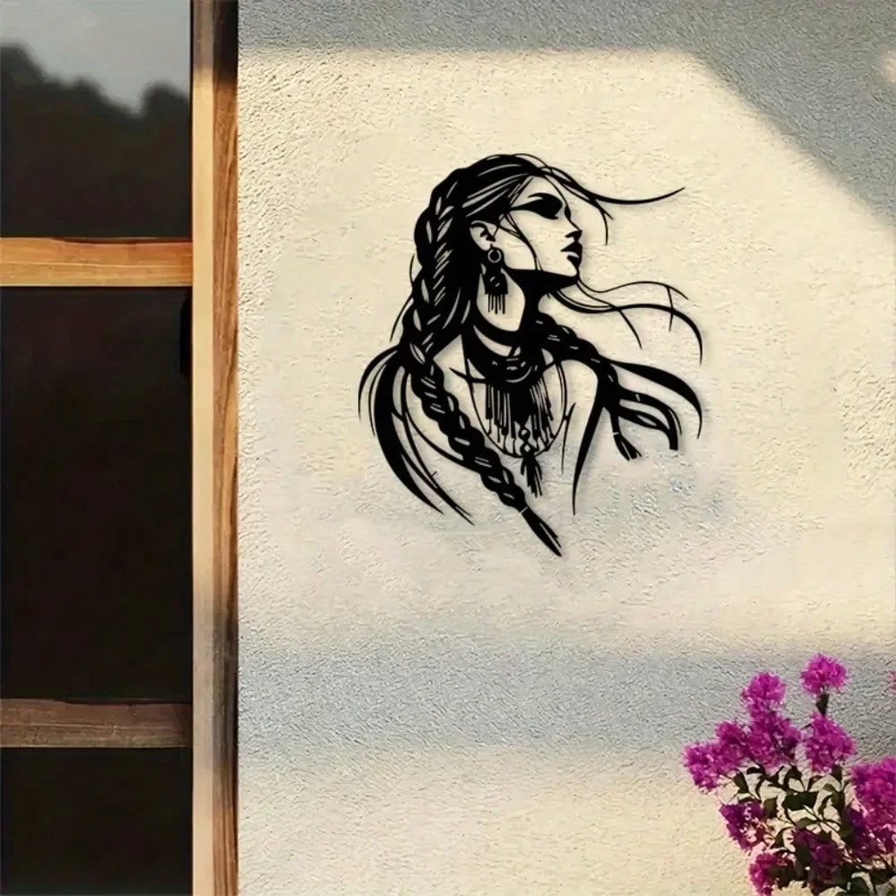 CIFBUY Bohemian Braided Woman Silhouette Iron Wall Art Tribal Ethnic Vintage Metal Hanging Western Gypsy Girl Black Decor