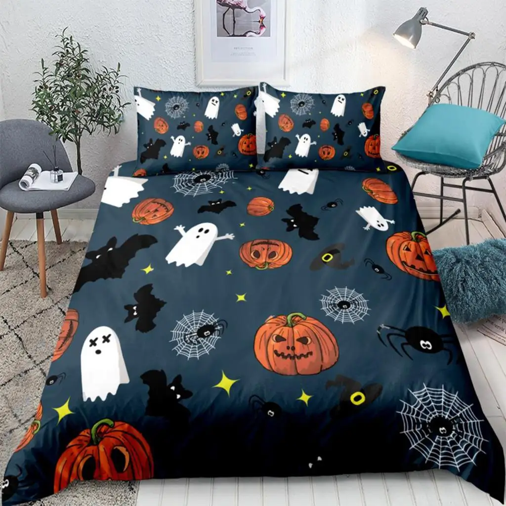 

Halloween Duvet Cover Set Bat With Pumpkin Bedding Set 3pcs Festival Quilt Cover Orange Pillow Cases Fashion Home Textile