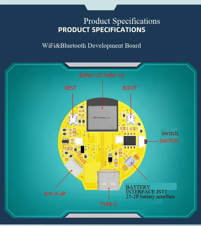 ESP32-C3 Entwicklungsboard mit 1,28-Zoll rundem LCD-Touchscreen-Display, ausgestattet mit WLAN- und Bluetooth-Modulen. – Detail 5