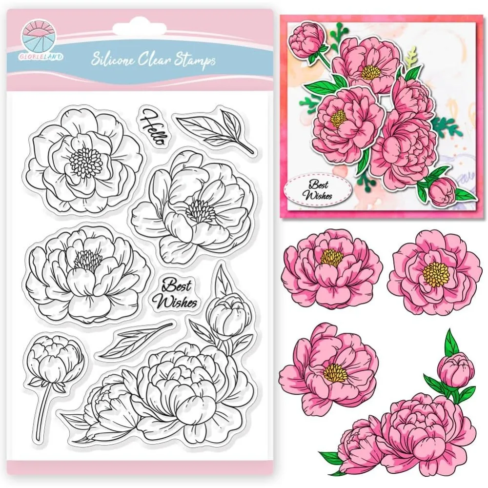 Transparente Stempel mit Pfingstrosenblüten für Scrapbooking, Blumenblätter, Silikonstempel, Grüße, Wörter, transparenter Stempel für die Kartenherstellung, DIY