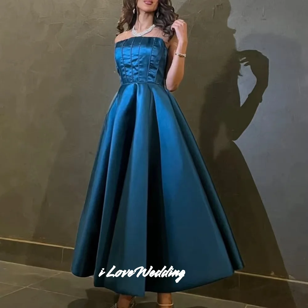 Blue Strapless Evening Dress 2025 Satin Sleeveless Backless A-Line Pleated Ankle-Length Pleated Wedding Party Dresses Customized