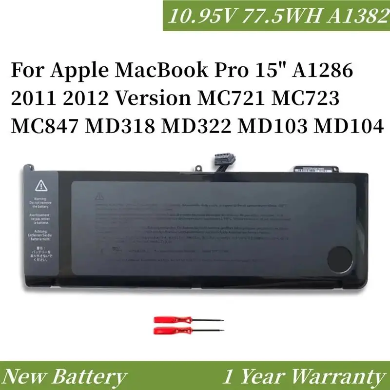 To 10.95V 77.5WH A1382 Laptop Battery for Apple MacBook Pro 15