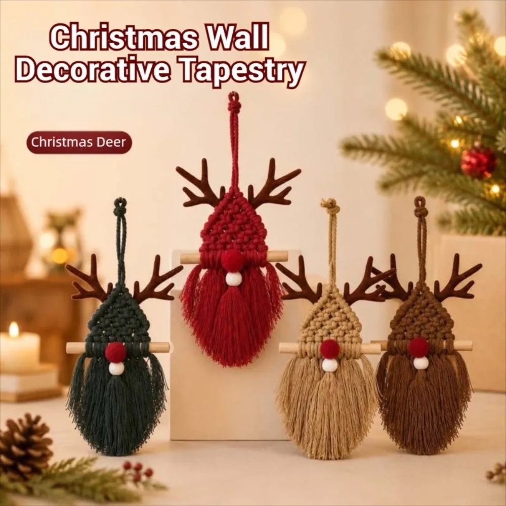 Bohemian Style Wall Decorative Tapestry Santa Claus Deer Christmas Tree Tapestry Wall Art Ornament Macrame Wall Hanging Office