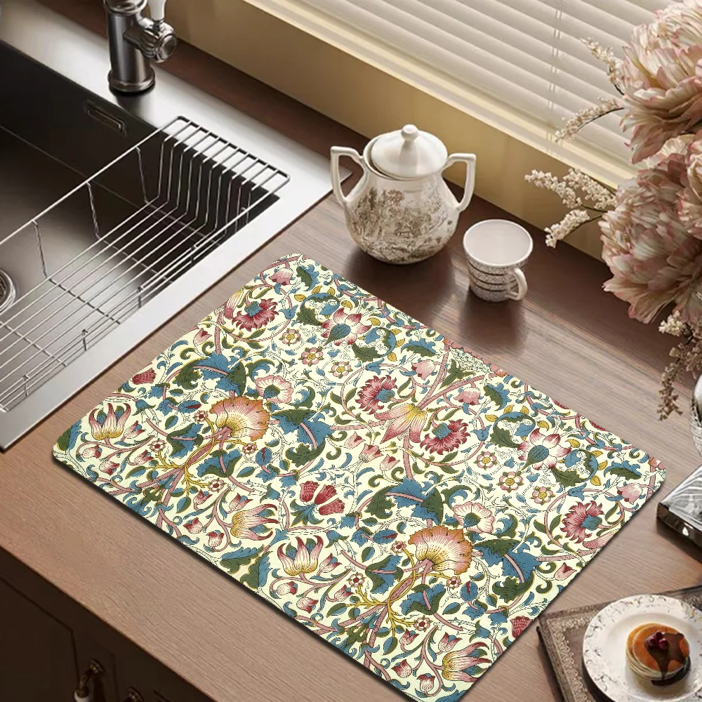 William Morris Absorbent Drain Mat Countertop Dry Mats Printed Coffee Machine Draining Pad Kitchen Table Tableware Placemats