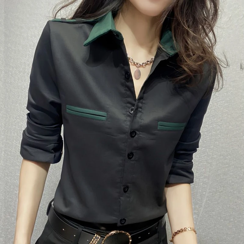 Camisa de manga larga con cuello de Polo para mujer, blusa elegante de retazos a rayas, moda Vintage, Tops jóvenes delgados coreanos, ropa nueva de