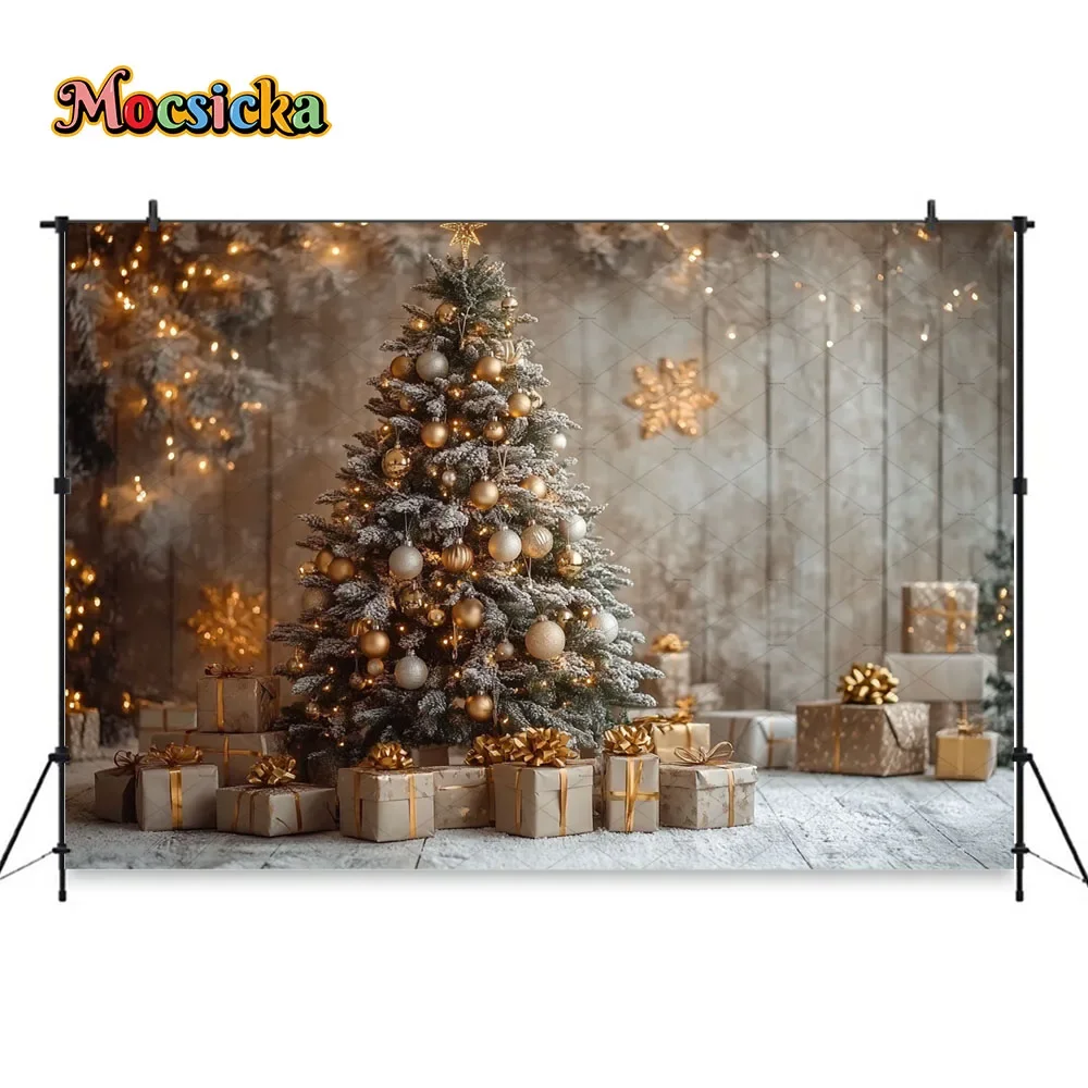 Gold Glitter Christmas Room Background Photography Xmas Tree Retro Brown Wall Gift Backdrop Winter Kid Family Party Photo Studio