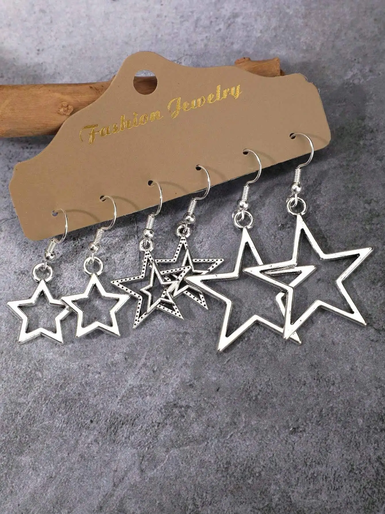 

3 Pairs Star Drop Earrings Set, Fashion Silver-Tone Hollow Star Dangle Earrings for Women