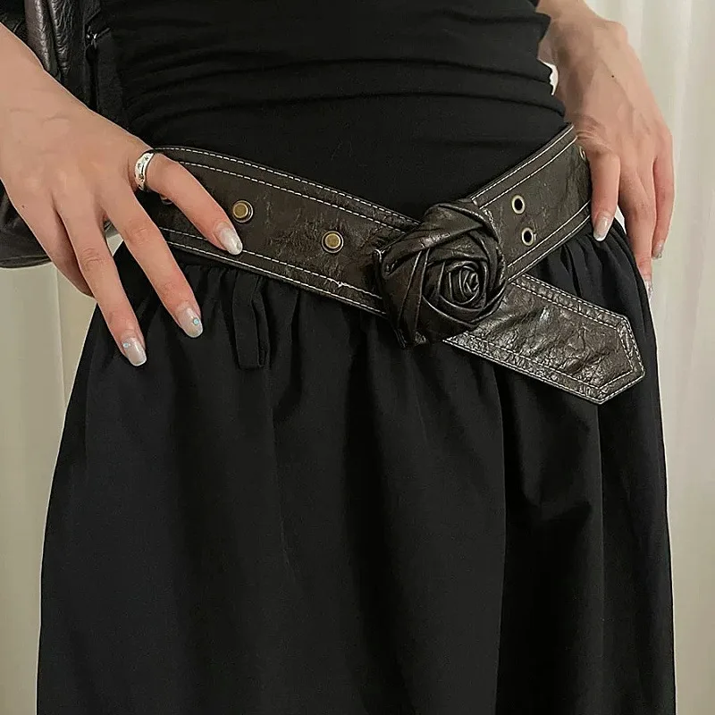 Luxury Designer Vintage Soft PU Leather Waistbands for Women Y2K Rose Waist Belts Non -buckle Pin Buttons Cinturones Para Mujer
