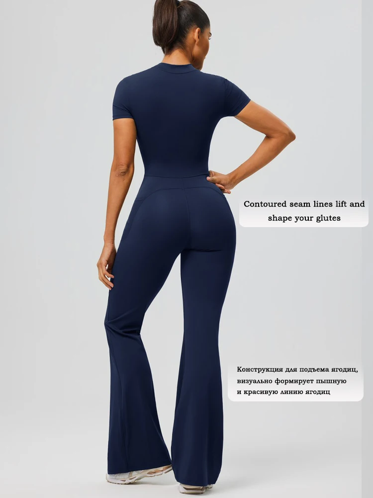 VITALINOVO Womens Flare Jumpsuit with Pockets Tummy Control Zip Up Wide Leg Full Length Romper Playsuit Workout Outfits Unitard