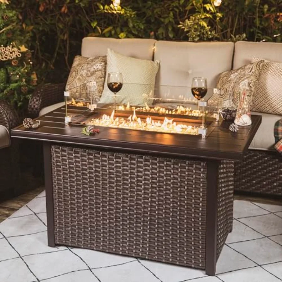 Outdoor 43-inch propane fire pit table with 50, 000 BTU output, PE rattan-weaved steel frame, waterproof Oxford cover, glass wi