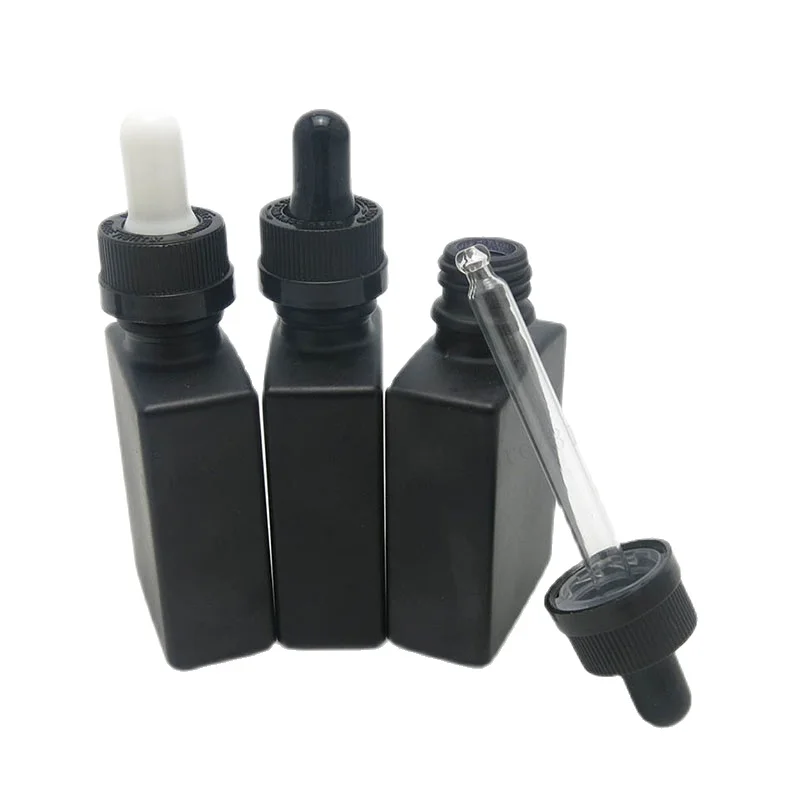 200pcs/lot 30ml Frost black flat square glass dave dropper bottle 1oz child proof dropper bottle