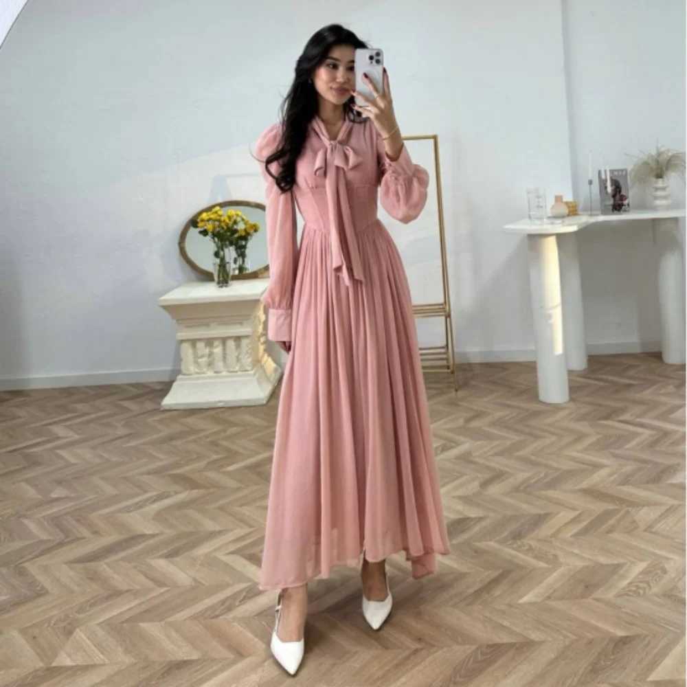 customized Bow A-line V-neck Chiffon Prom Dresses Anke length Draped Evening Dresses Simple Fashion pink Party Dresses