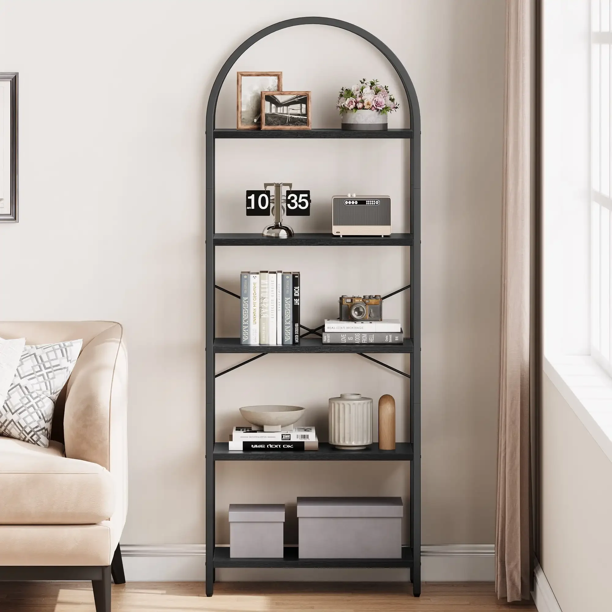 

5 Tier Bookcase Arched Display Racks Tall Standing Bookshelves Metal Frame Open Storage Rack Shelf Large Black Book Shelf