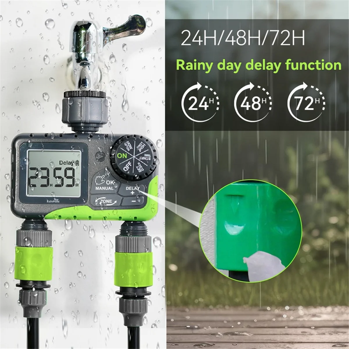 A72Z  Garden Water Timer Dual Irrigation, Intelligent Timing Controller, Automatic Watering Device with Rain Delay