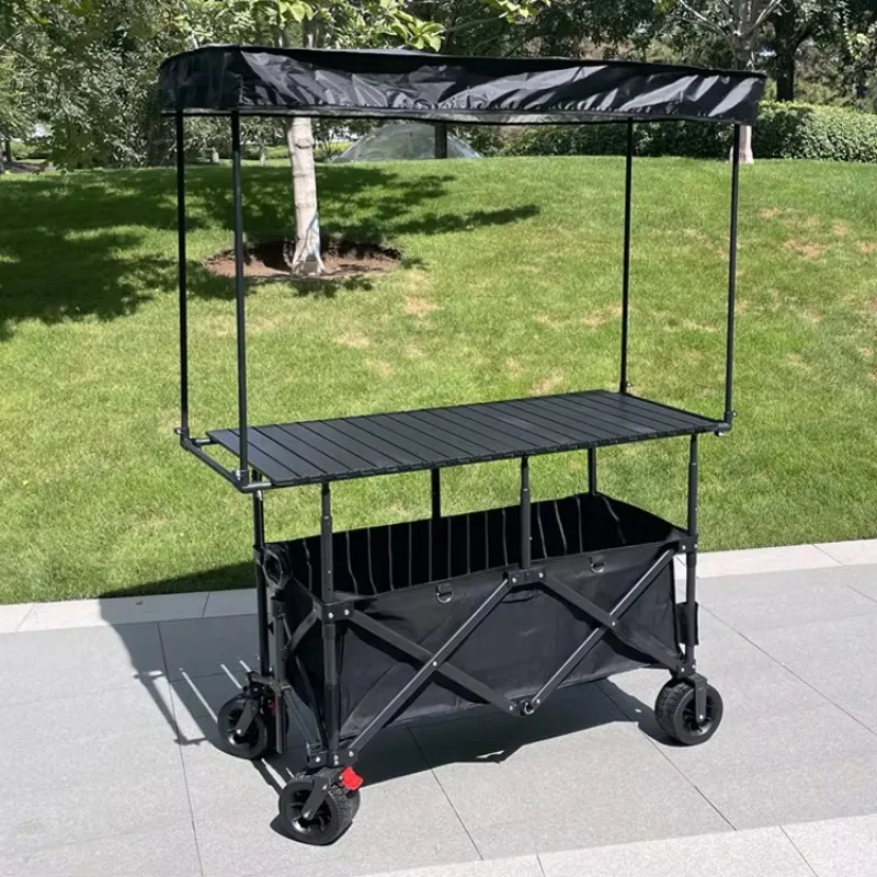 Folding Trolley Portable Food Stall Wagon Hawker Cart Foldable Utility Cart with Folding Table Mobile Shop with Sunshade Tent