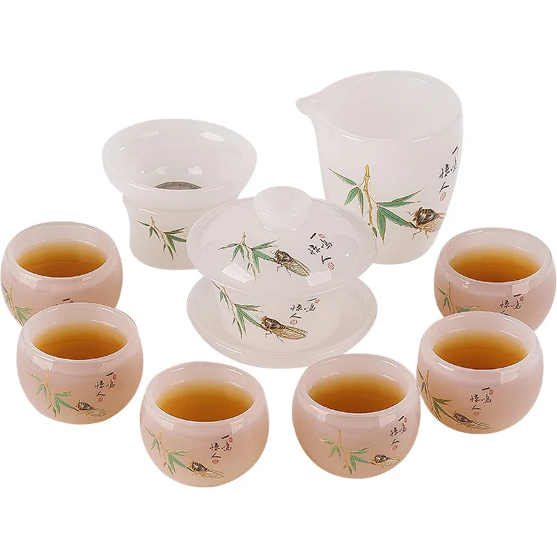 

Glazed Jade Porcelain Kung Fu Tea Set Household High-end White Jade Glazed Bowl Teacup Light Luxury Gift Box Office