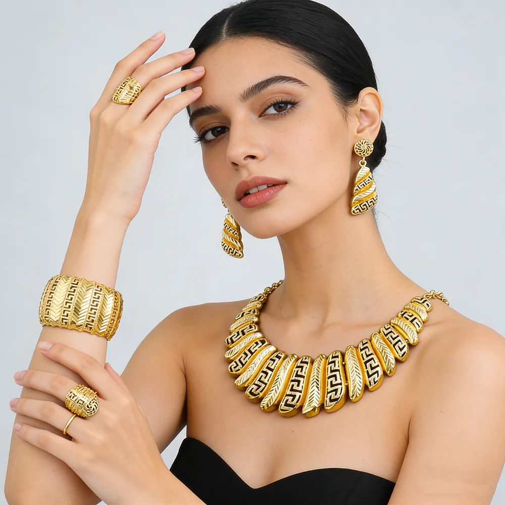 Dubai Greek Key 4‑Pcs Gold Jewelry Set Women Bridal Wedding Necklace Earrings Bangle Ring African Luxury Party Jewellery