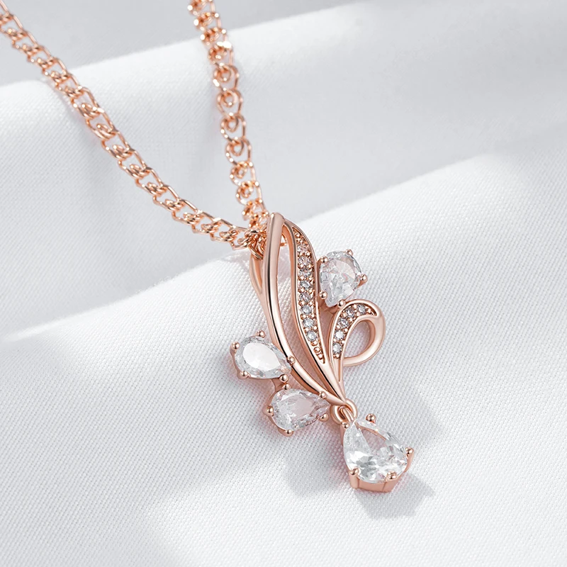 Kinel Hot Shiny Natural Zircon Flower Pendant Necklace For Women Fashion 585 Rose Gold Color Ethnic Bridal Wedding Jewelry