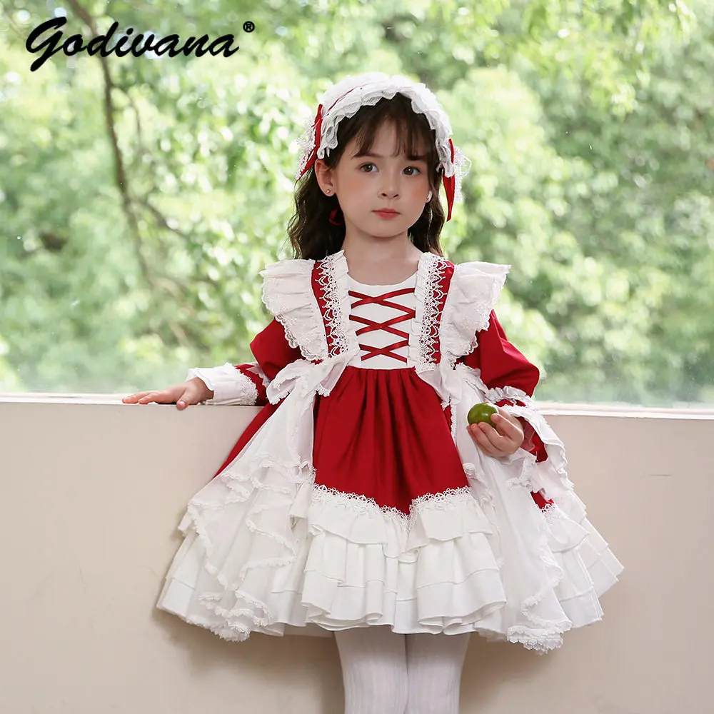 Original High End Heavy Baby Girls Spanish Lolita Princess Dress Kids 2026 Autumn New Long Sleeve Red Lace Ruffle Trim Ball Gown
