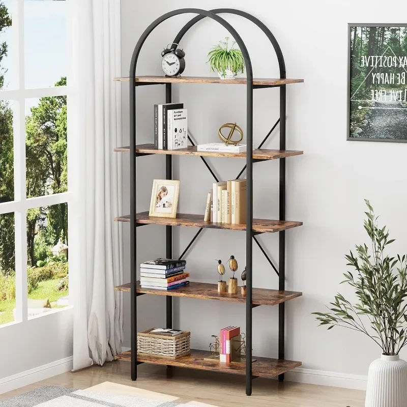 

Arched Bookshelf 5 Tier Book Shelf, 31.5 Inch Width Industrial Arch Bookcase, Curved Tall Bookshelf with Open Shelves, Brown