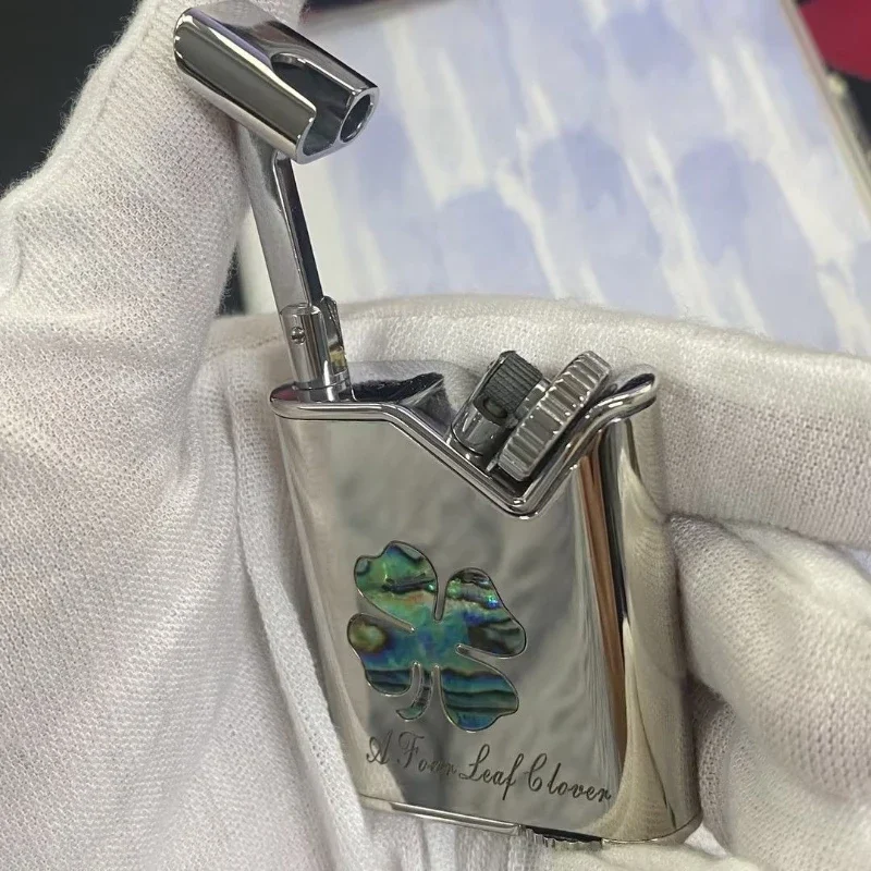 Vintage Trench Kerosine Lighter Brass Chrome Plated Colorful Shell Inlay Four‑Leaf Clover Pattern Men Collectible Smoking Gift