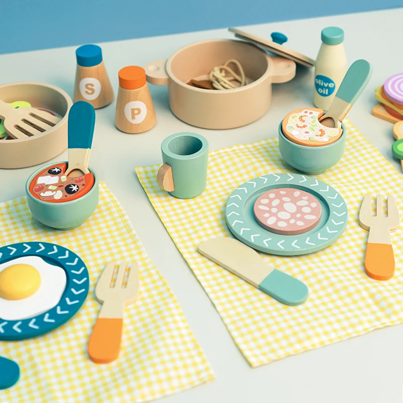 Hölzerne Küche, Rollenspiel-Set, Montessori-Simulationsplatten, Geschirr, Zubehör, Küchenspielset, Spielzeug für Kleinkinder, Geschenke ab 3 Jahren – Detail 15