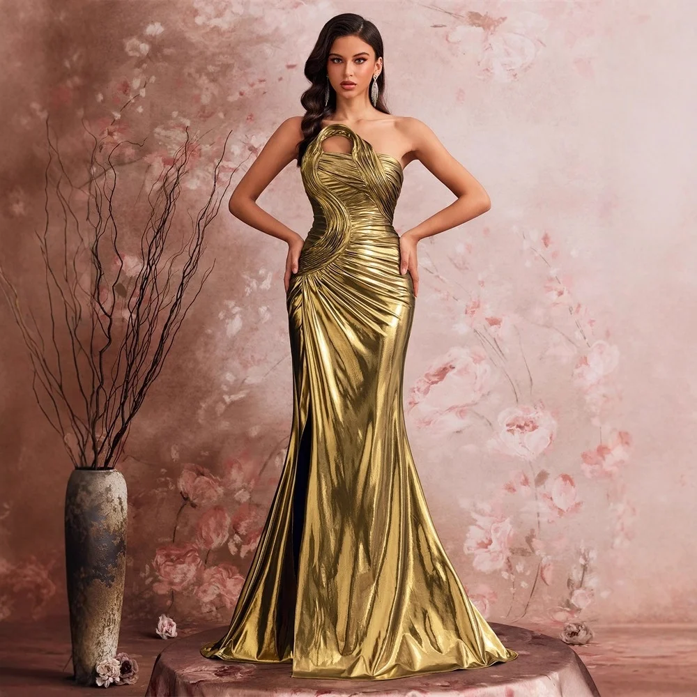 파티와 연회를 위한 우아한 이브닝 가운, 피쉬 스레드 플리츠 디자인, 로우 웨이스트 라운드 넥 실크 원단, 중국 디자인