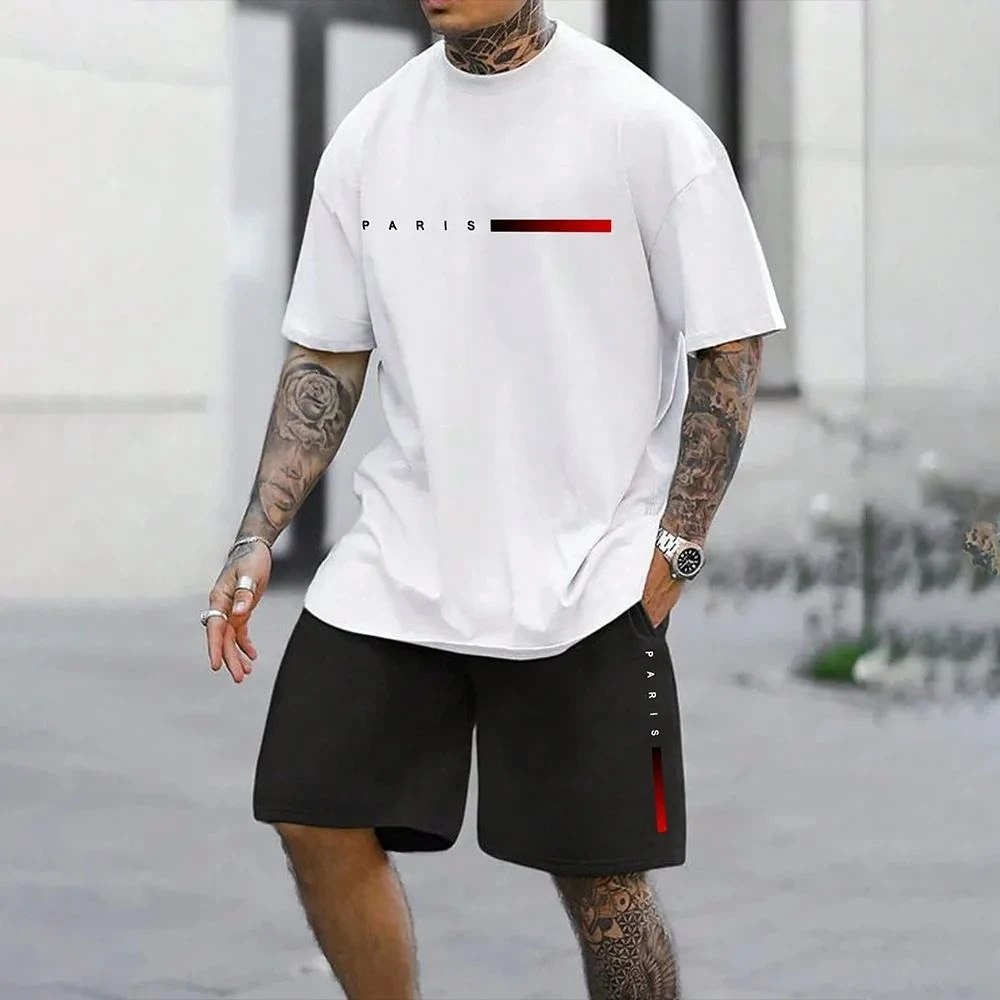 Fashionable men's summer striped gradient print soft and breathable round T-shirt shorts set outdoor casual two-piece set